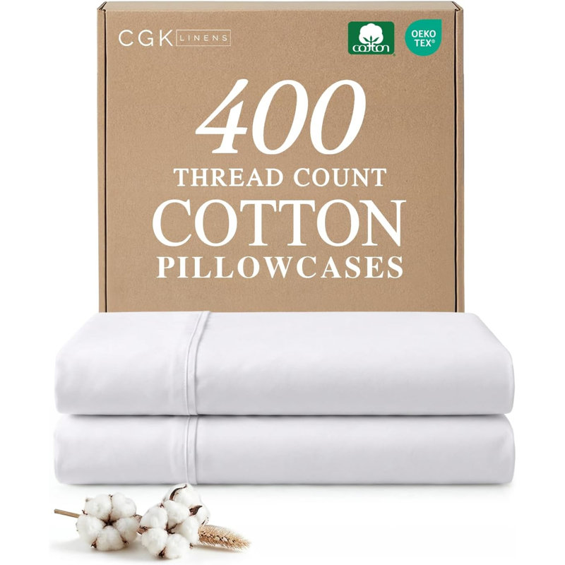 100% Cotton Pillowcase Set, 400 Thread Count Hotel Luxury Pillowcases, Soft & Breathable, Set of 2, Queen, White