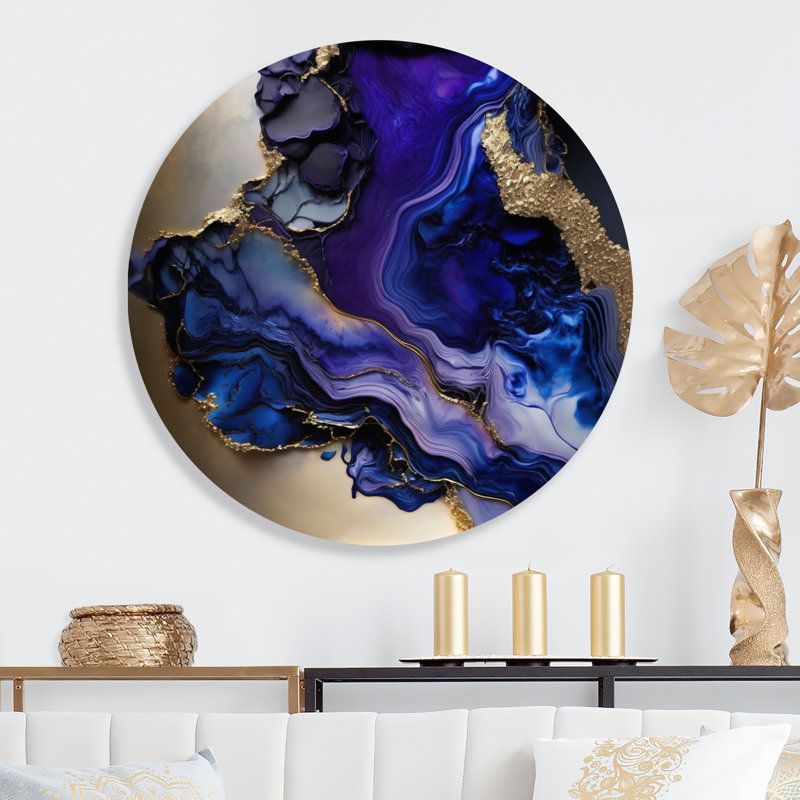 Géode abstraite, marbre doré et mauve - Art abstrait rond en marbre sur métal, L 29 po x H 29 po