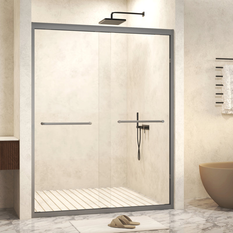 Tempered Glass With Explosion Proof Film, Aluminum Frame Double Sliding Shower Door, "1/4 (6 Mm), Stainless Steel Handle