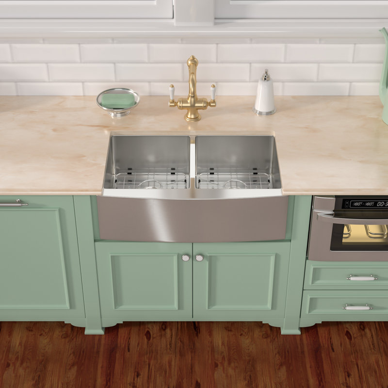 33 Inch Farmhouse Apron Front 50/50 Double Bowl Kitchen Sink 16 Gauge Stainless Steel Kitchen Sink, 33", Brushed Nickel