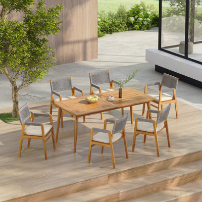 Outdoor Acacia Wood 7-Piece Dining Set With Rope-Woven Armchairs-Teak And Gray Rope