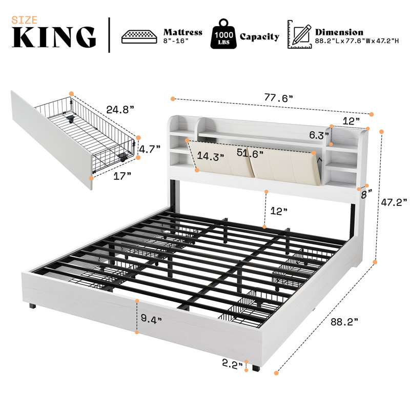 Billericay Upholstered Bed Frame With 4 Storage Drawers, Wooden Bed Frame With 47.2" Bookcase Headboard, Platform Bed With Charging Station/no Box Spring Needed,King