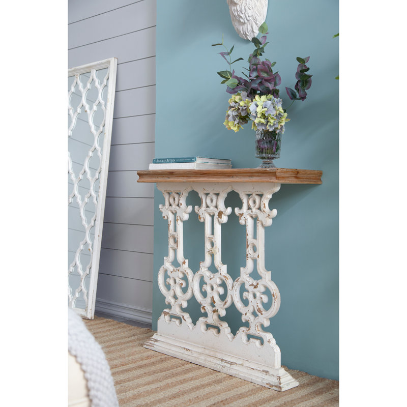 32" X 12" X 32" Classic Vintage White Wash Console Table With Brown Wood Top