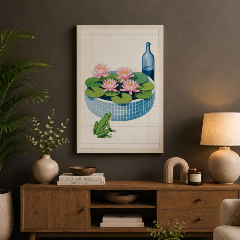 Water Lilies in Blue Botanical - Wrapped Canvas, 18x12 - 45.7 x 30.5 cm, Black Border