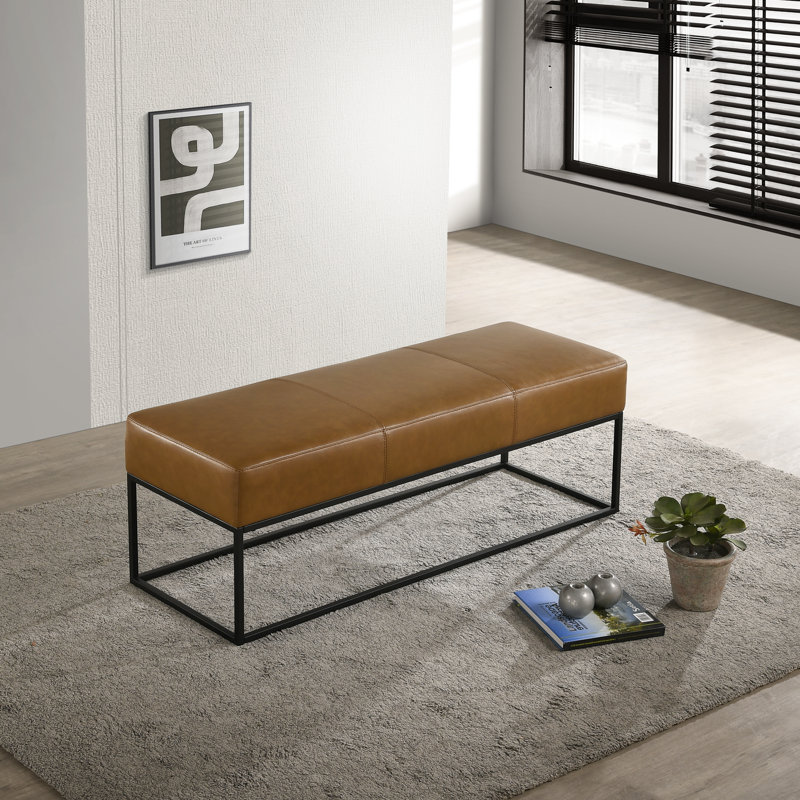 Vista 48.4" Mid Century Modern Tan Leather Bench with Metal Frame