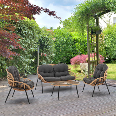Pine Modern 4-Person Patio Conversation Set with Polyester Cushions and Coffee Table in Gray