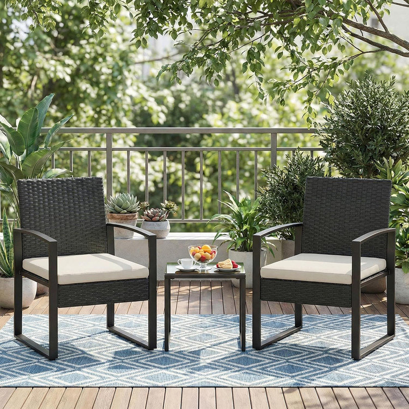 3-Piece Patio Bistro Set – PE Rattan Conversation Set with Tempered Glass Coffee Table, Outdoor Wicker Furniture for Patio, Garden, Balcony, Backyard