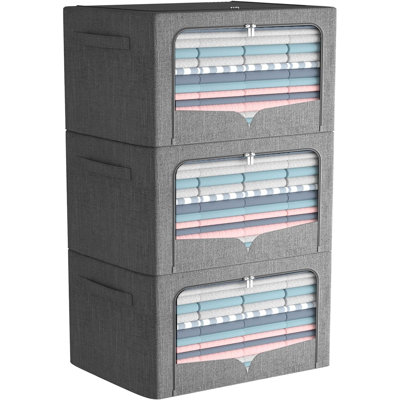 Ensemble de 3 bacs de rangement pour vêtements, boîte de rangement pliable en métal, boîte de rangement empilable en tissu de lin avec poignées de transport et fenêtre transparente (15,7 po x 11,8 po x 7,8 po (22 L))