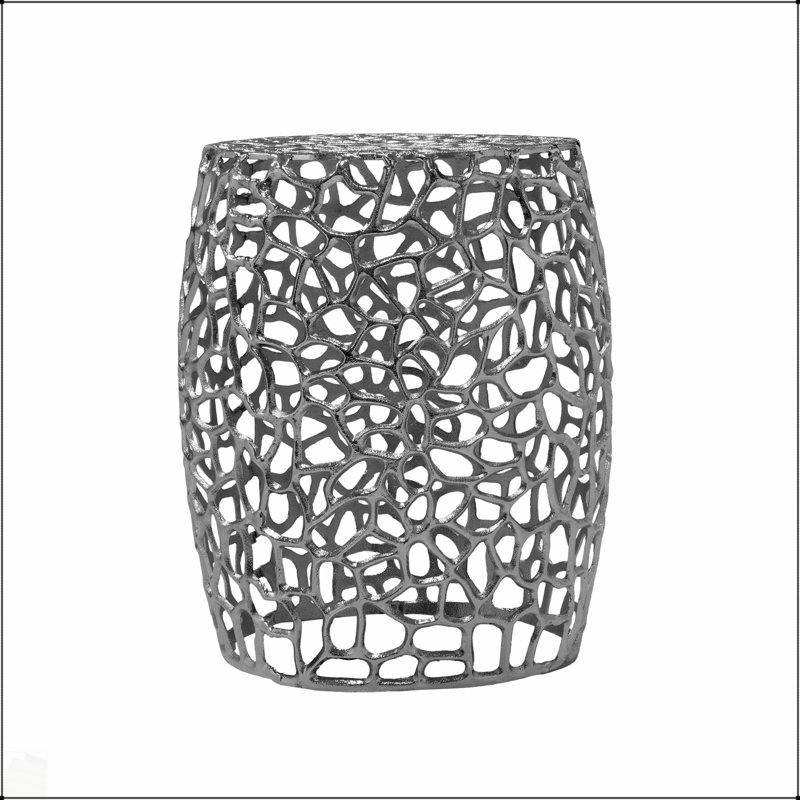 Handcrafted Aluminum Drum End Table With Abstract Mesh Design And Metallic Finish, For Modern Elegance And Functionality.