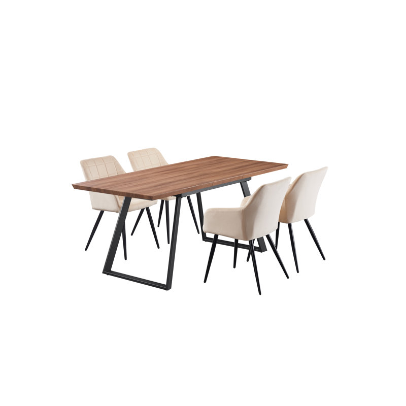 Yerres 4 Person Dining set - a Rectangular Extendable Dining Table with Metal Legs and a Set of 4 Quilted Velvet Dining Chairs for Dining Room - Modern Dining Table Set