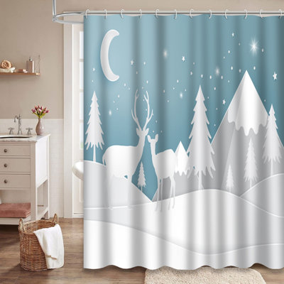 Deer Snow Forest Winter Abstract Animal Shower Curtain with 12 Hooks