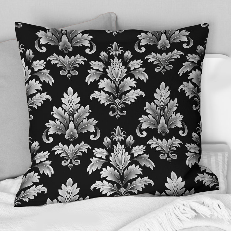 Black Damask - Transitional Throw Pillow, 16"H x 16"W