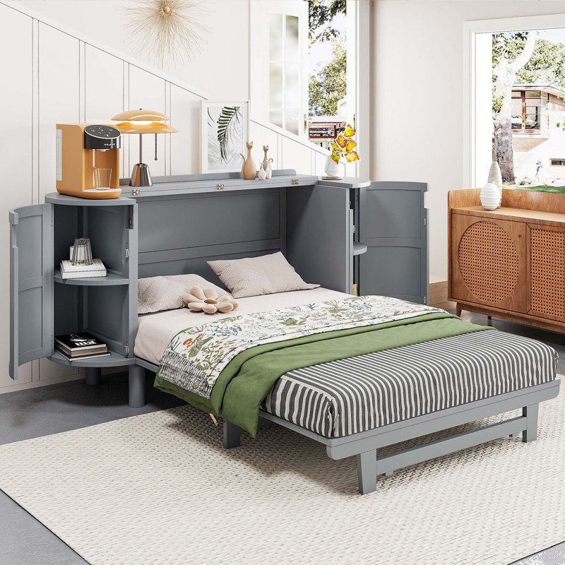 Lit escamotable avec rangement caché et conception tissée moderne, gris, Double