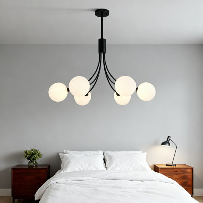 Lustre spoutnik 6 lumières de style campagne moderne avec abat-jour en verre blanc laiteux, plafonnier à hauteur réglable pour salle à manger, îlot de cuisine, salon, chambre à coucher, bureau