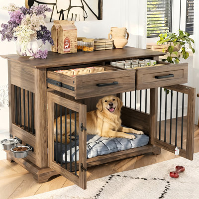 43.58" Large Dog Crate End Table With Rotating Bowls, 2 Storage Drawers, And 4 - Lock Security For Medium Pets, Brown Finish Indoor 360 Bowls Ample Storage, Suitable Dogs In Living Room