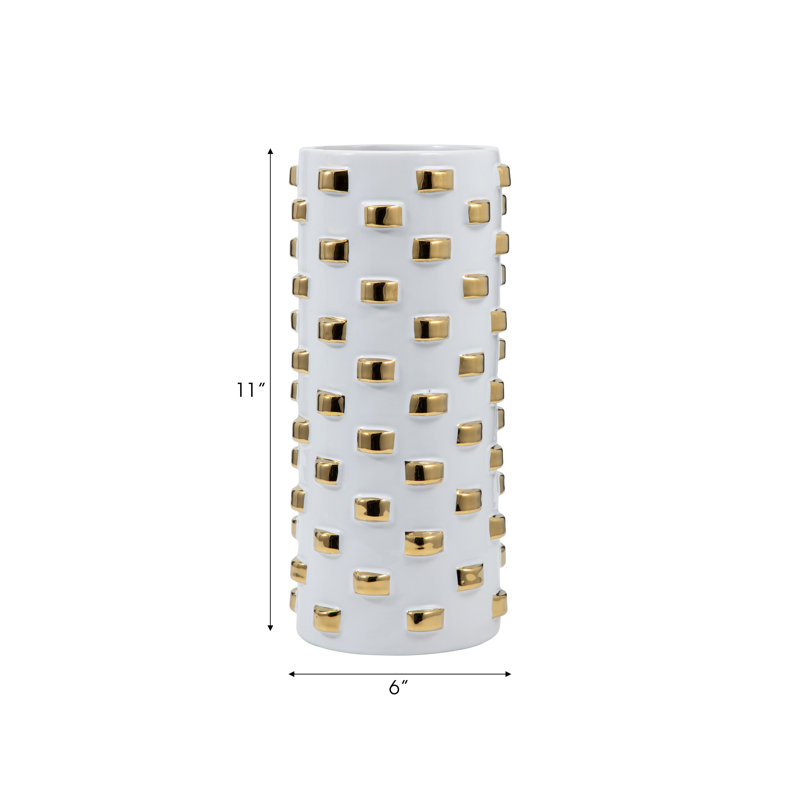Stoneware Decorative Vase with Textured Raised Rectangular Stud Accents and Cylindrical Silhouette, 11" H x 6" W x 6" D