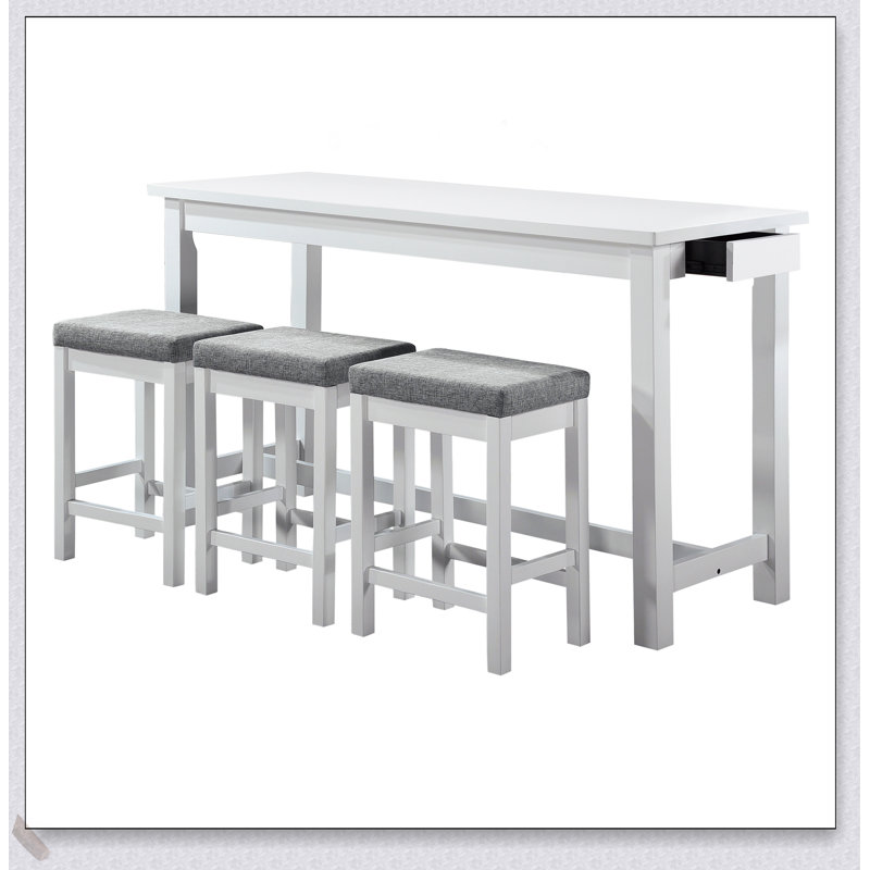 Ensemble de salle à manger 4 pièces à hauteur de comptoir avec finition blanche, ports USB intégrés, prises de courant et 3 tabourets confortables pour la vie moderne