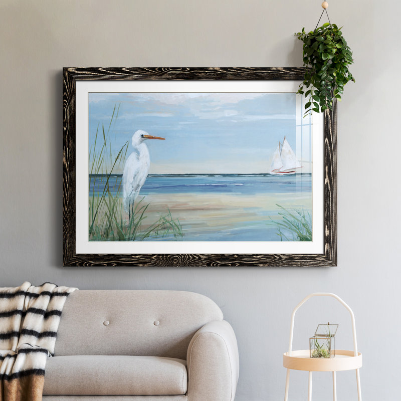 Summer Heron - peinture encadrée, Cadre noir, H 31 po x l 44 po x P 1 po