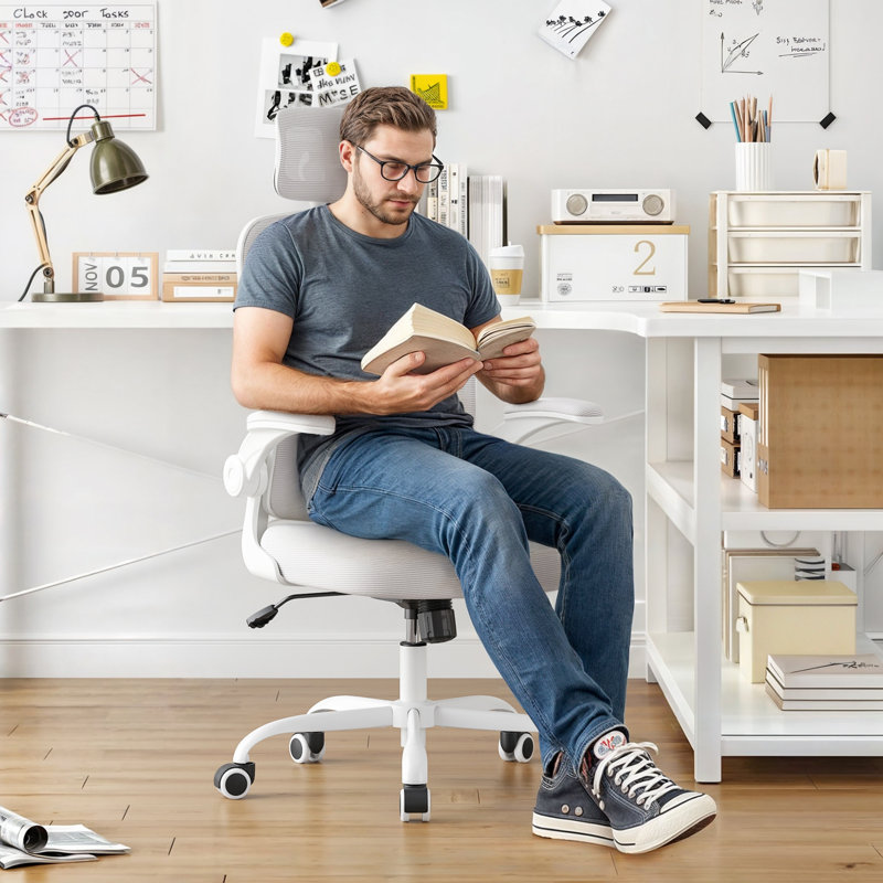 Eleonor Mesh Office Chair with Headrest, White/Grey