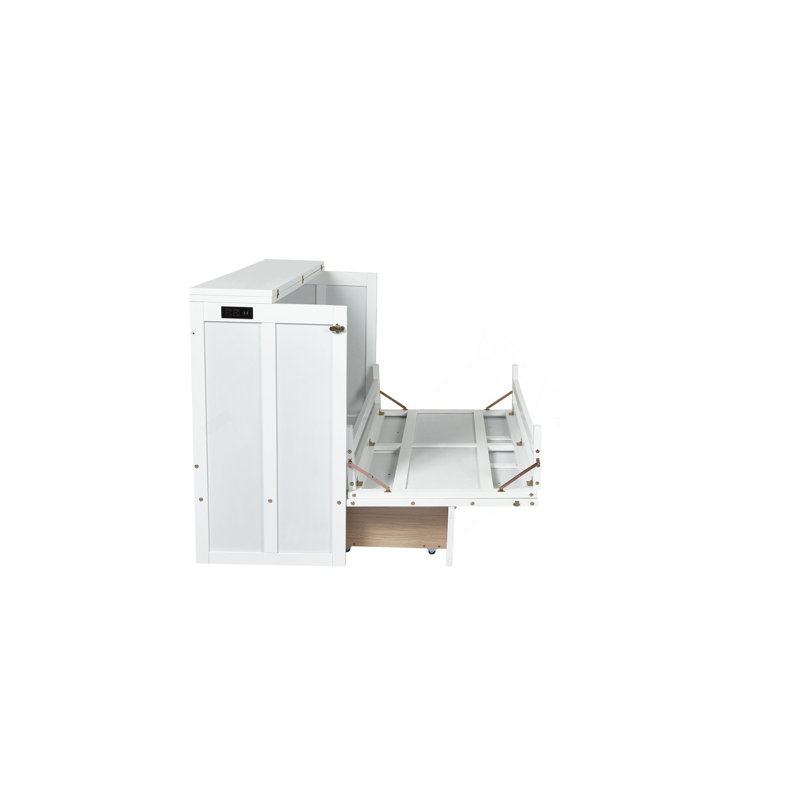 Armoire pour grand lit escamotable Murphy avec tiroir de rangement et station de charge, port USB, cadre de lit escamotable en pin pour bureau à domicile, studio ou chambre d'amis, blanc