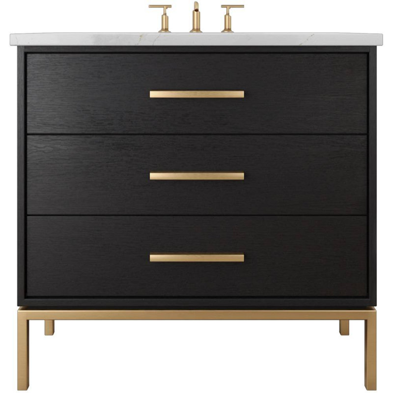 Rift White Oak Three-Drawer Single Bath Vanity, 30", Classic Black, Satin Gold