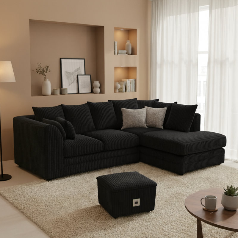 Jumbo Cord Upholstered Corner Sofa Small Back Cushion with Foot Stool , Black, Right Hand Facing