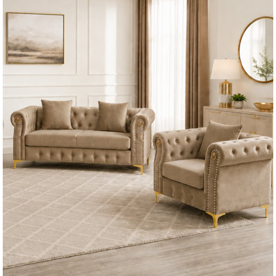 Velvet 2-Piece Chesterfield Living Room Set with Pillows, Roll Arms, and Gold Legs; Includes Loveseat and Armchair