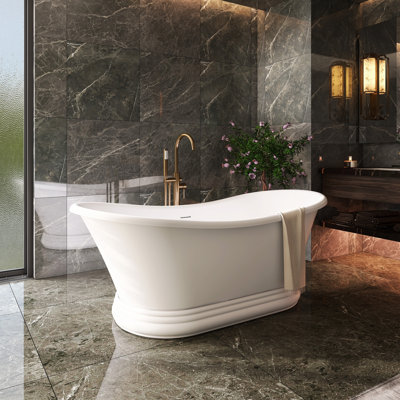 67" x 29.5" Modern Double Slipper Solid Surface Freestanding Soaking Bathtub, Premium Resin Stone Deep Soaker Tub with Pedestal Base & Pop-Up Drain, Matte White