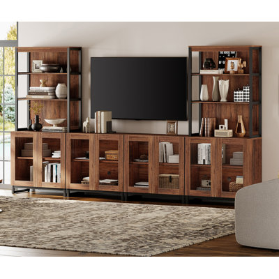 Meuble télé moderne avec bibliothèque à 3 niveaux, centre de divertissement de ferme avec 4 grands armoires de rangement et tablette réglable, console de télévision en bois avec portes en verre pour le salon