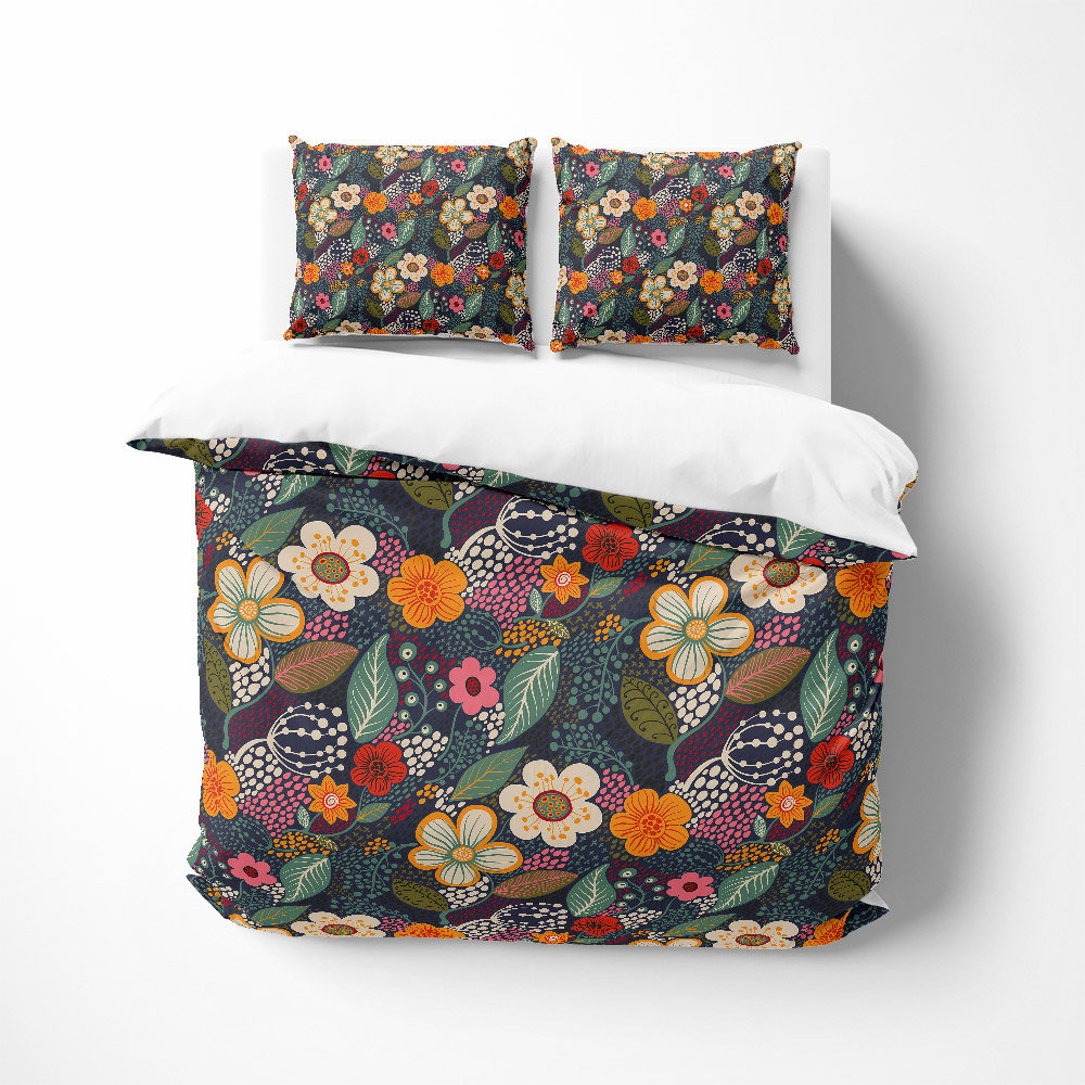 Dark Blue And Dot Style Floral Pattern Duvet Cover And Shams Folk N Funky 