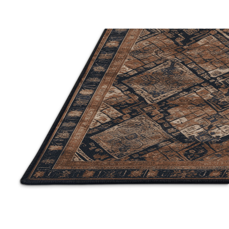 Machine Washable Art Deco Brown Area Rug, Round 7'