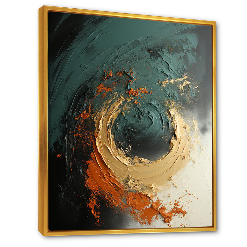 Tempête de pierre orange III - art mural abstrait, Cadre flottant doré, H 20 po x l 12 po x P 1 po