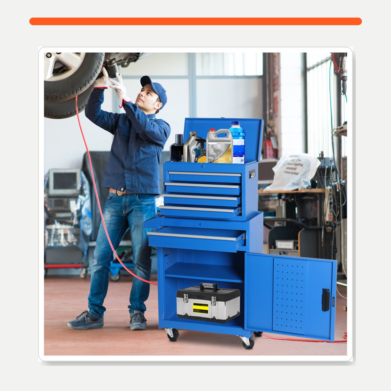 Coffre à outils roulant en acier à 5 tiroirs avec compartiment supérieur amovible, étagère réglable et roulettes verrouillables, bleu