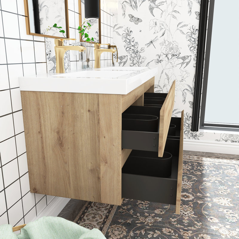 Meuble-lavabo mural double avec plateau en marbre de culture 48 po Viarra, Chêne