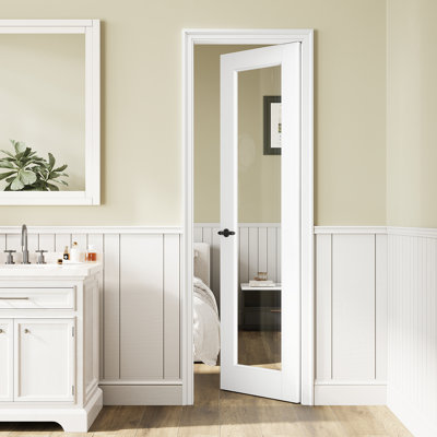 24“x80" 1-Lite Clear Glass Slab Door,  Interior Tempered Ceramic Frit Glass Door Slab, White Primed/Prefinished, Solid Core French Door, Pantry Door, Closet Door