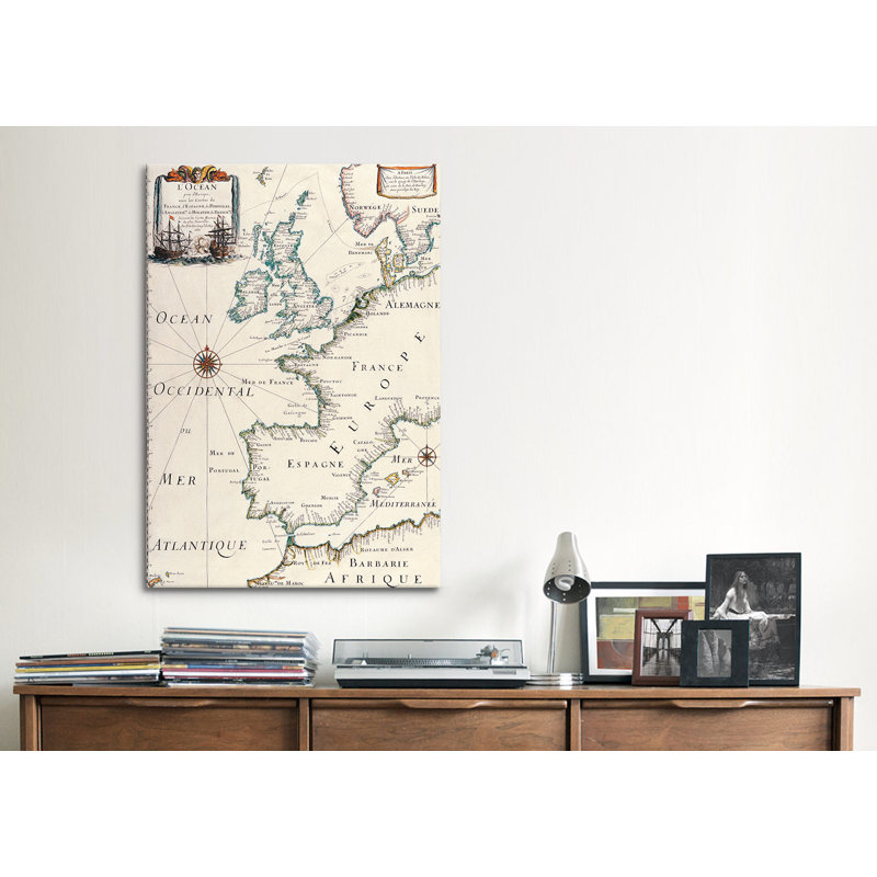Ancienne carte de l'Europe de l'Ouest antique - Estampe numérique sur toile tendue avec châssis, H 12 po x l 8 po x P 0,75 po