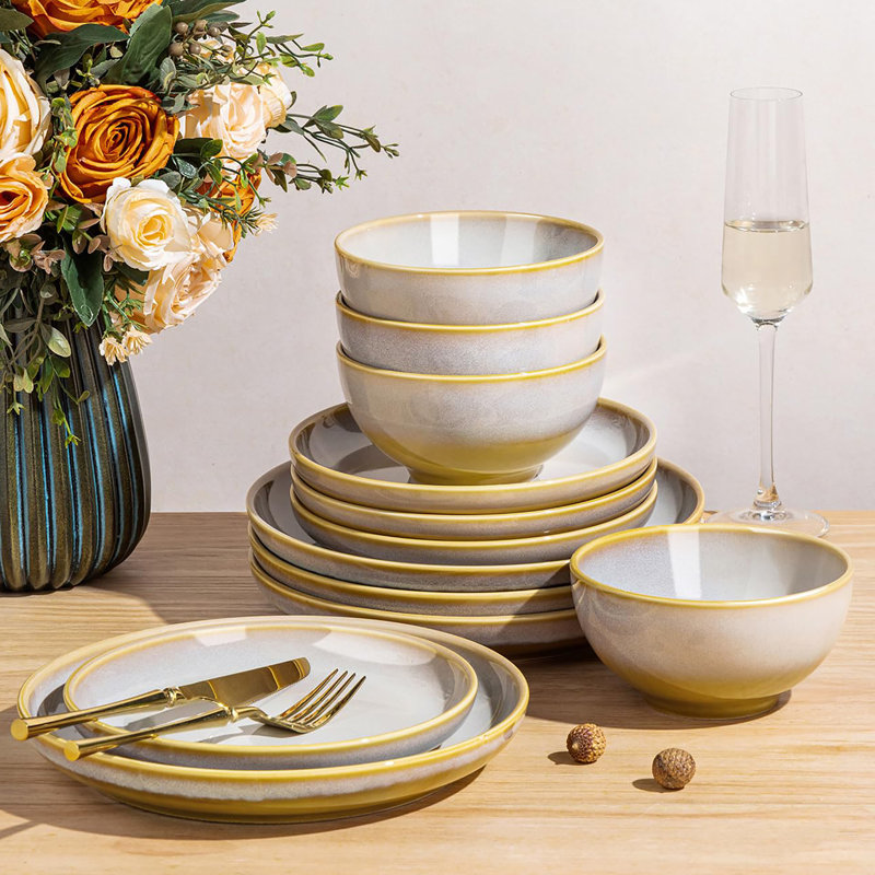 Service de table en céramique 12 pièces pour 4 personnes - Ensemble de bols et assiettes en porcelaine légère | Résistant aux égratignures | Va au four, au micro-ondes et au lave-vaisselle