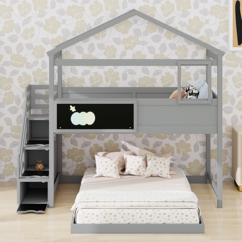 Pine Wood House-Shaped L Bunk Bed With Storage Staircase, Blackboard And Wooden Slats Support, Gray