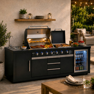 Ensemble d'îlot de cuisine extérieur modulaire 3 pièces avec barbecue à 8 brûleurs, réfrigérateur et roues Akoah