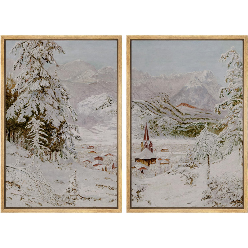 «Village enneigé, paysage alpin, hiver, nature, nature, décor, décor», 2 pièces, Encadré naturel, H 24 po x l 16 po