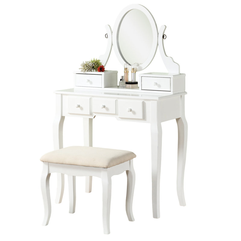 Table de coiffeuse et tabouret de maquillage en bois, blanc