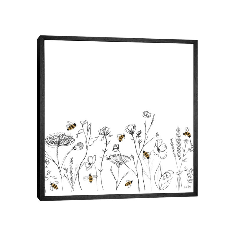 Bees And Botanicals Pattern IX by Leah York - Painting on Canvas, 45.72cm H x 45.72cm W x 3.81cm D, Black Framed