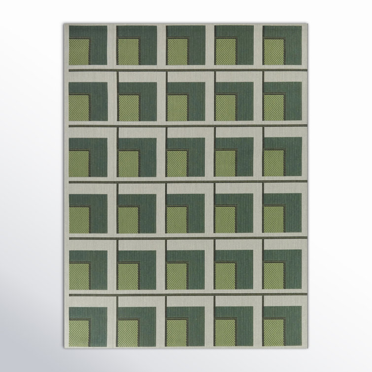 Kamran Rectangle Geometric Machine Woven Polypropylene Indoor / Outdoor Area Rug in Green/Gray