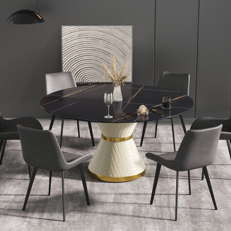 Modern Round White Pedestal Dining Table, Black, 29.53" H x 59" L x 59" W