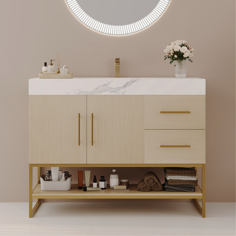 Meuble-lavabo moderne 36 po avec lavabo en céramique sans couture et armoire autoportante dorée