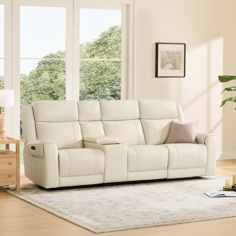 3-Seat Dual Motor Genuine Leather zero clearence recliner Power Recliner Sofa With Power Headrest And Console, Cream
