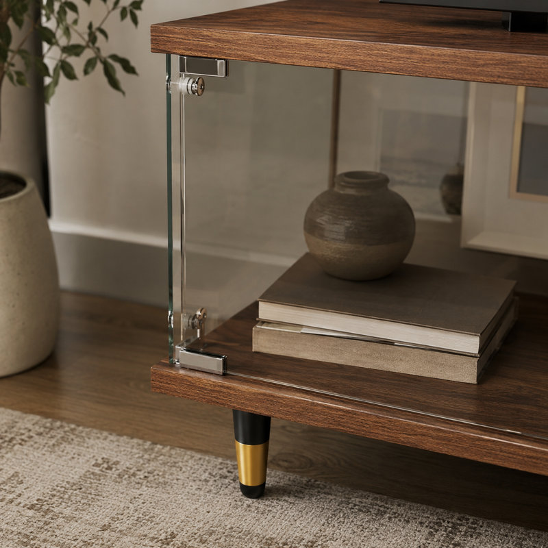 Meuble télé 63 po en verre moderne avec armoire en verre trempé, plateau et base en finition noyer, bande lumineuse DEL multicolore avec télécommande, pieds décoratifs dorés