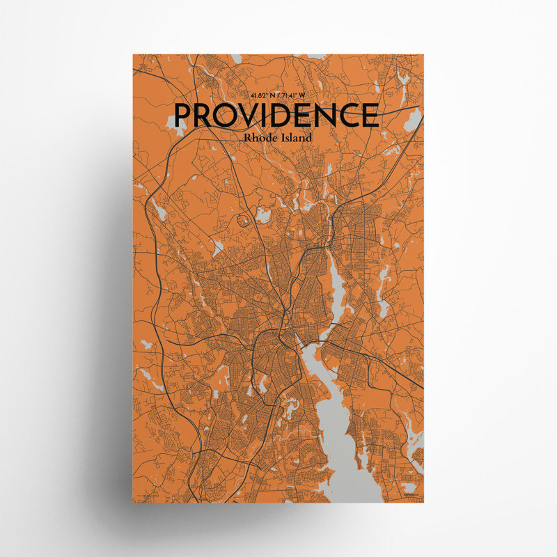 Providence, carte de la ville, impression, H 17 po x l 11 po, Orange et gris