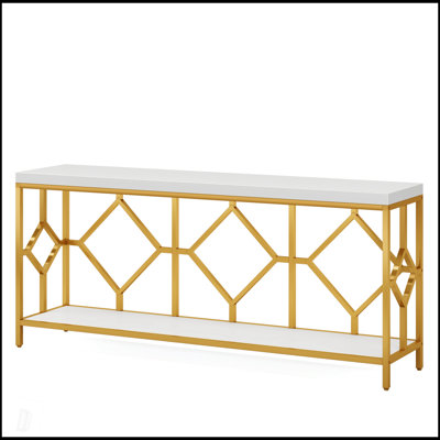70.9 Inch Extra Long Industrial Console Table With Diamond Pattern Metal Frame, 2-Tier Open Storage For Modern Entryways And Living Rooms