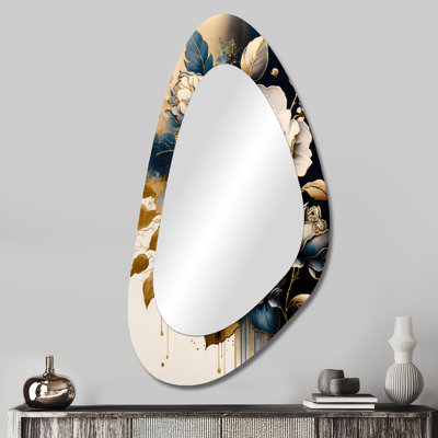 Bouquet de camélias noirs et dorés I - Camélia - Art décoratif en métal - Miroir mural traditionnel irrégulier